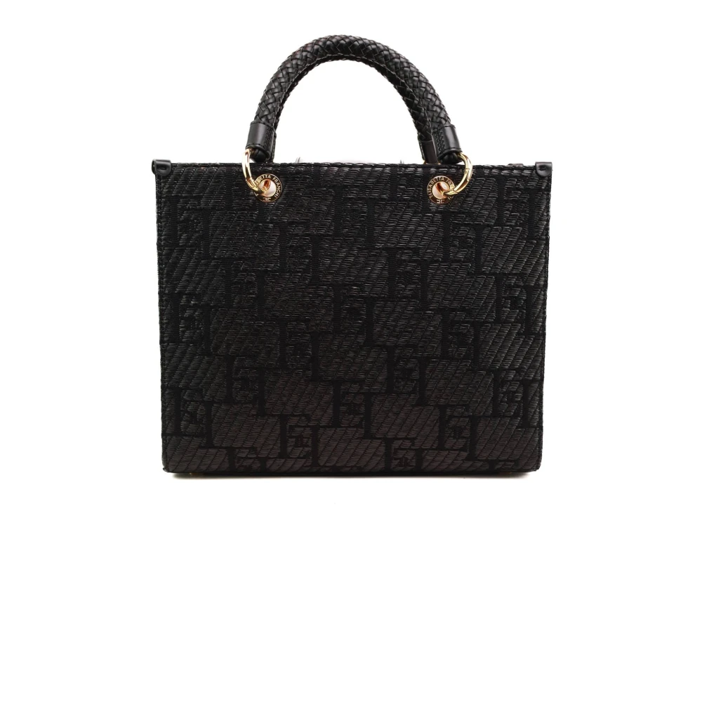 Elisabetta Franchi Rafia Jacquard Shopper Tas met Logo Black Dames