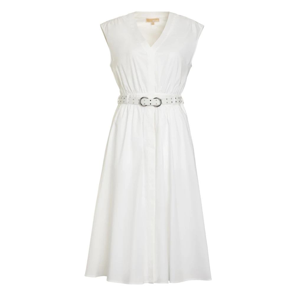 Michael Kors Women's White Stretch Cotton Poplin Belted Midi Dress - Midi Dresses - M - Dresses