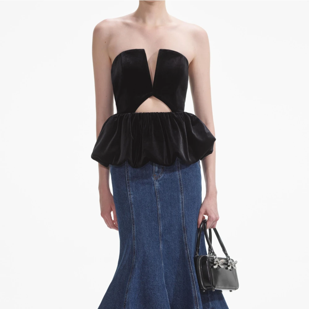 Self Portrait Velvet Bandeau Top Zwart Black Dames