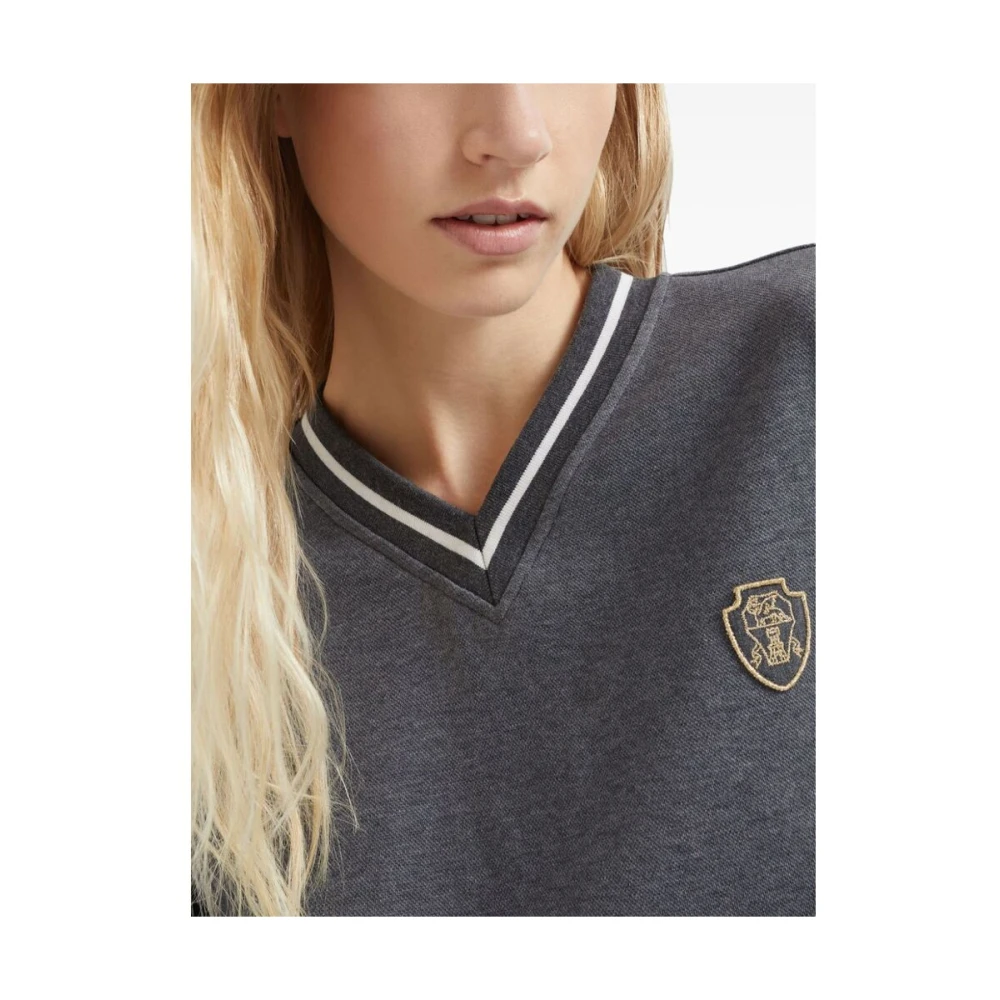 BRUNELLO CUCINELLI Grijze Katoenen V-hals Sweatshirt met Streep Trim Gray Dames