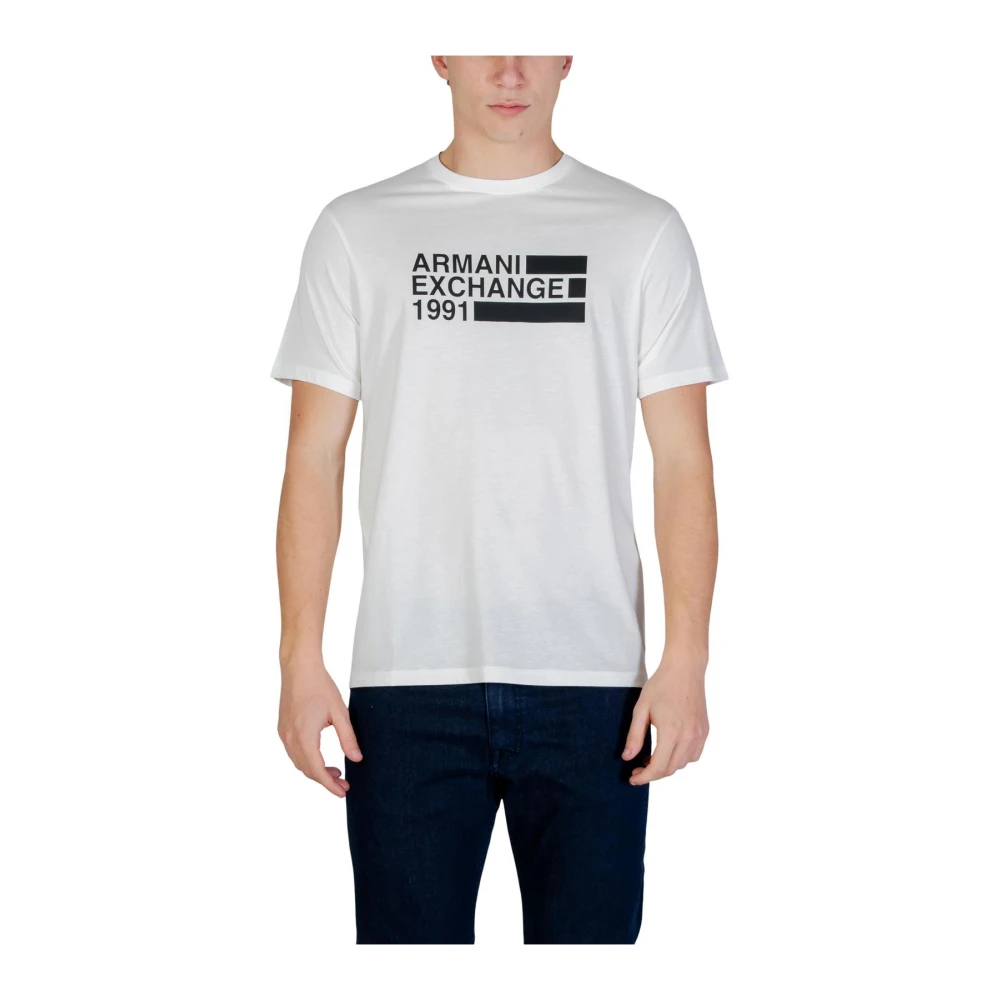 Armani Exchange Mannelijk Wit T-Shirt Met Korte Mouwen En Ronde Hals Met Print