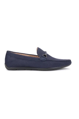 Herr stiliga nubuck marinblå mockasiner med en applikation