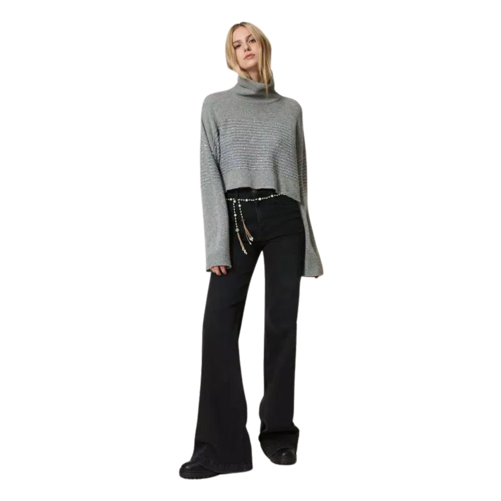 Twinset Grijze Paillet Sweater Dolcevita Lange Mouw Gray Dames