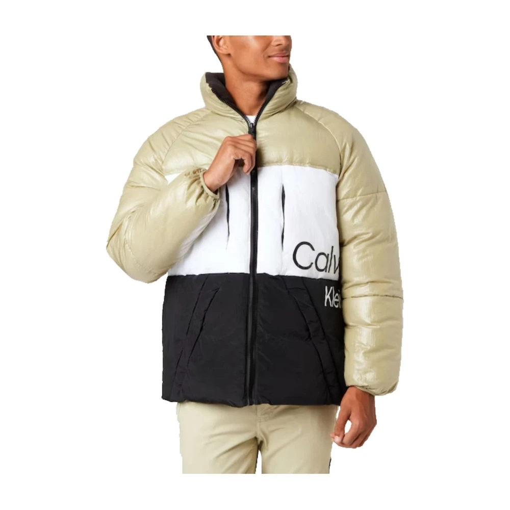Calvin Klein Men's White Down Jackets, L, Colorblock Puffer Jacket