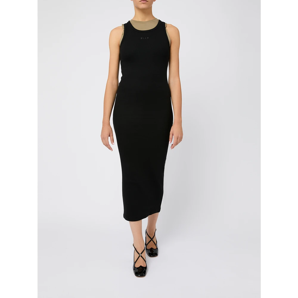 Msgm Geribbelde Katoenen Jurk Nero Black Dames