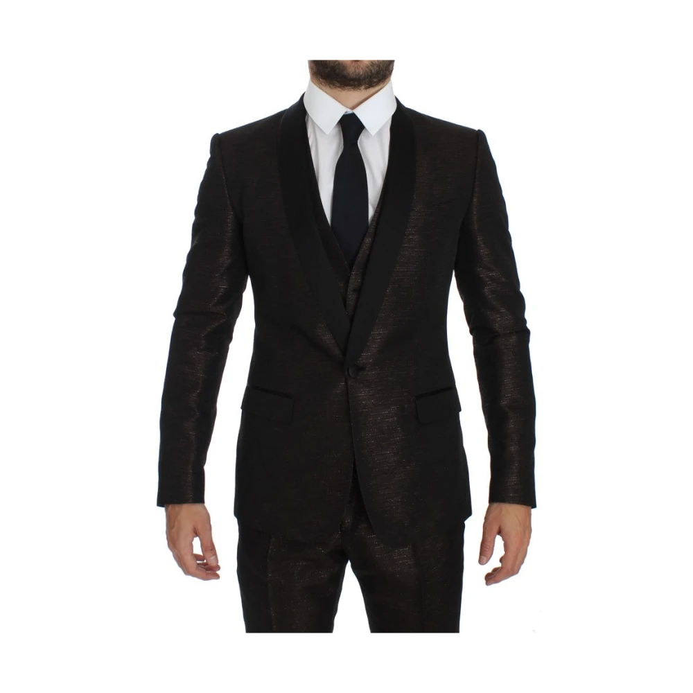 Dolce & Gabbana Luxe Bruin Zwart Glanzend 3-Delig Slim Fit Smoking Brown Heren