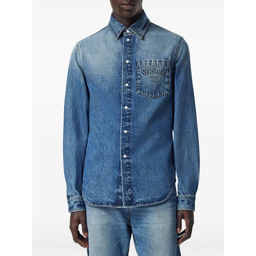 Versace Denim Logo Geëtst Shirt Blue Heren