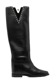 Schwarze kniehohe Stiefel für Damen mit silbernen Nieten