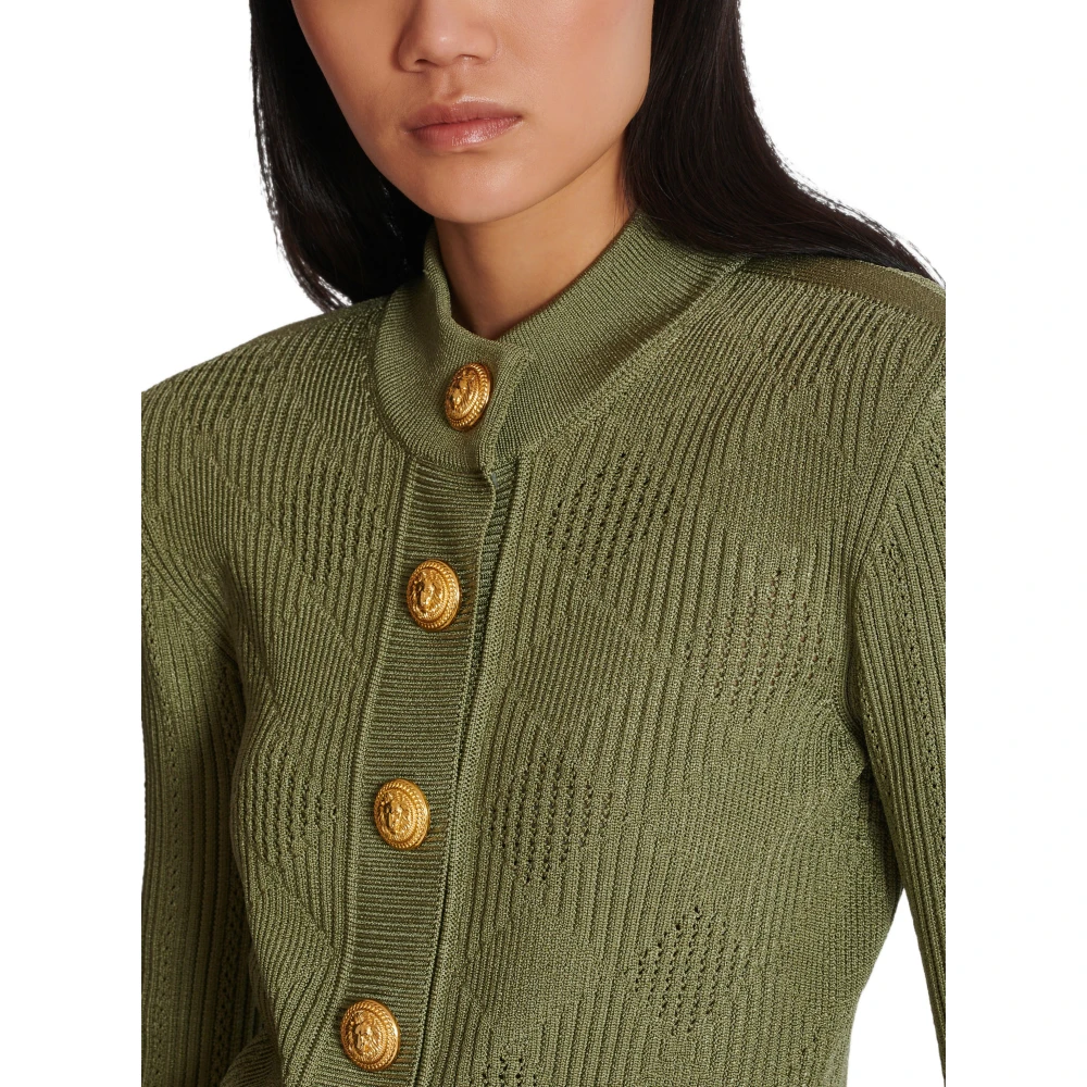 Balmain Gingham Openwork Knit Cardigan Green Dames