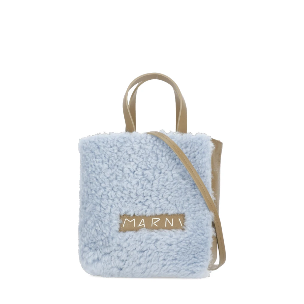 Marni Damen Blau Hellblaue Lederhandtasche Mit Pelzdetails