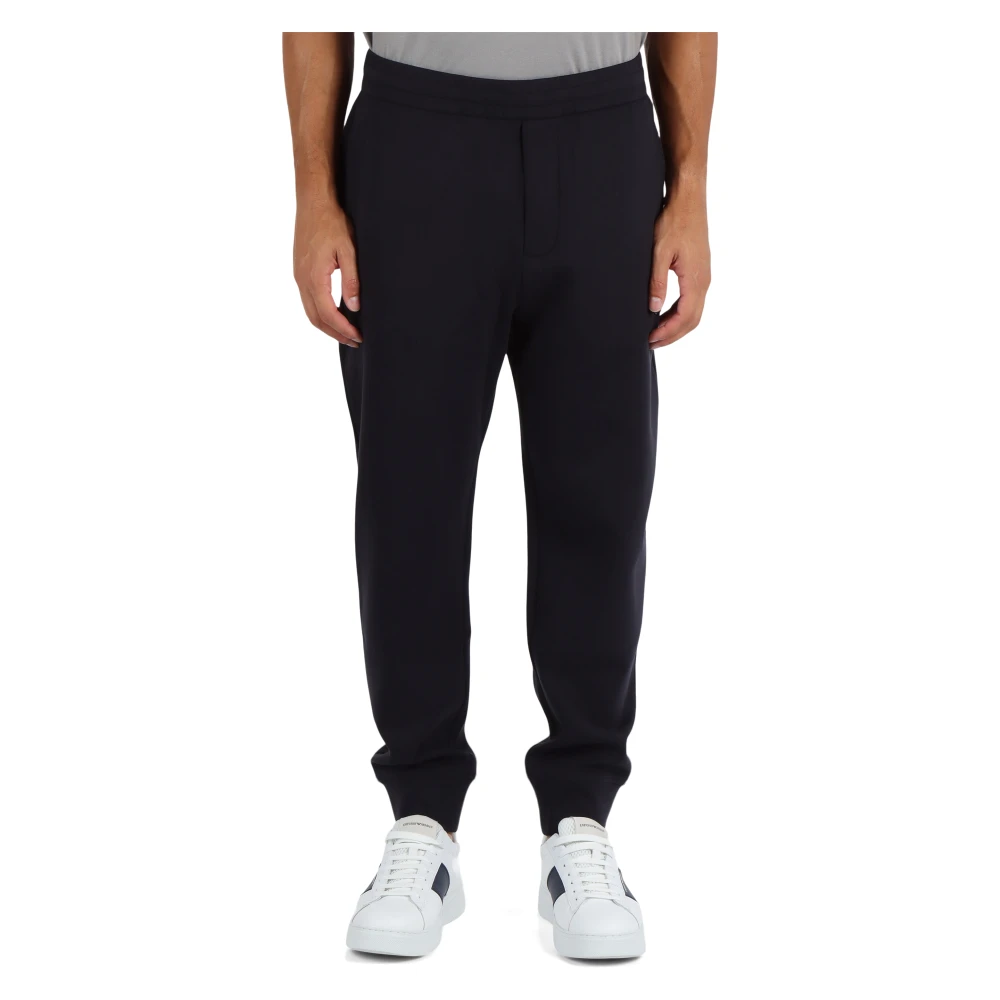 Emporio Armani Sportieve katoenblend broek met logoborduursel Blue Heren