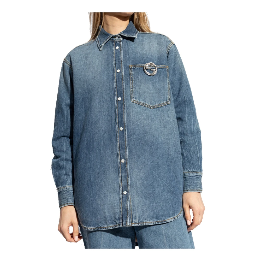 Gucci Blauwe Denim Overhemd Elegant Parelknoop Blue Dames