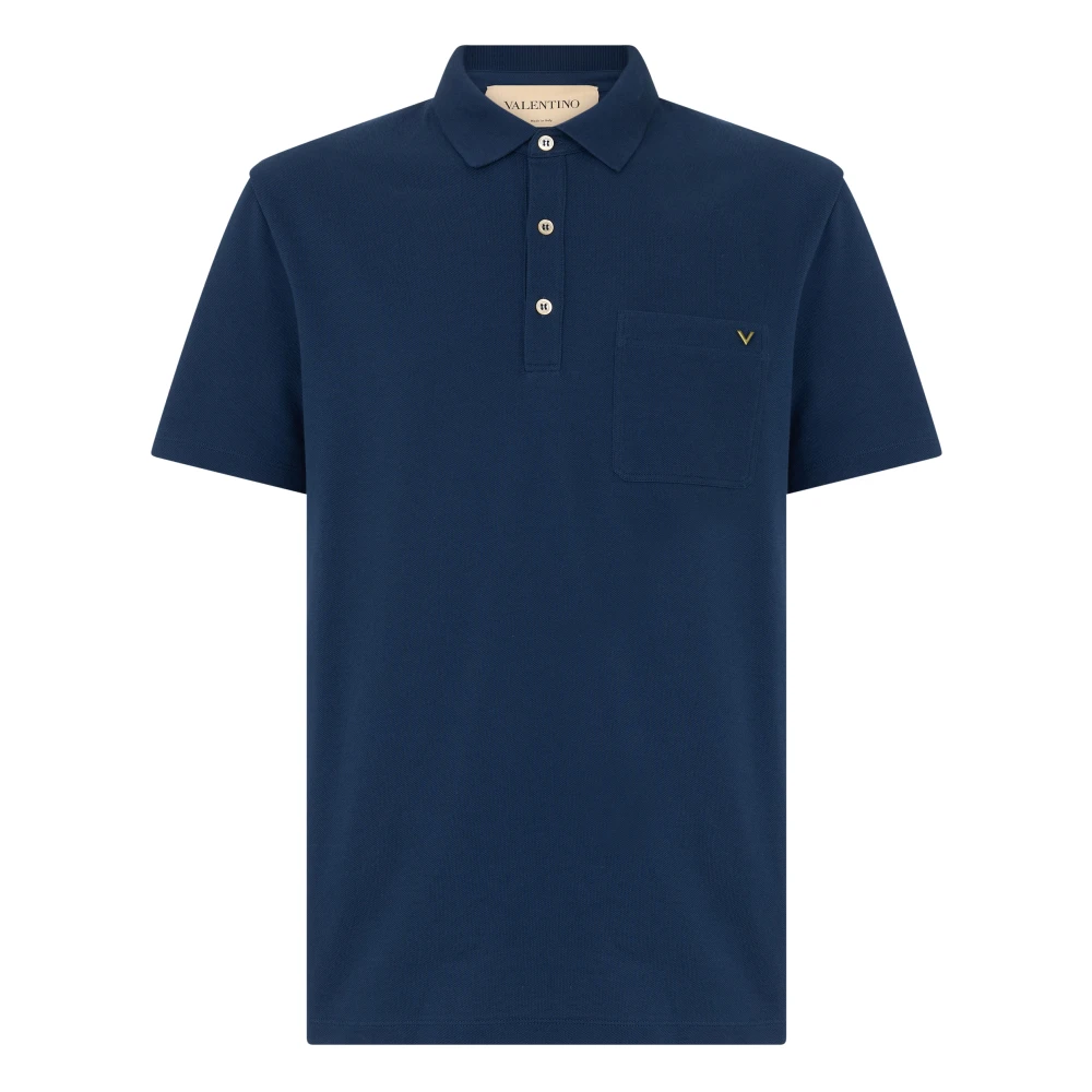 Valentino Garavani Blue Polo Shirts, Male, M, Pique Cotton Polo With Vgold