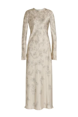 Lång klänning i blommig jacquard-satin