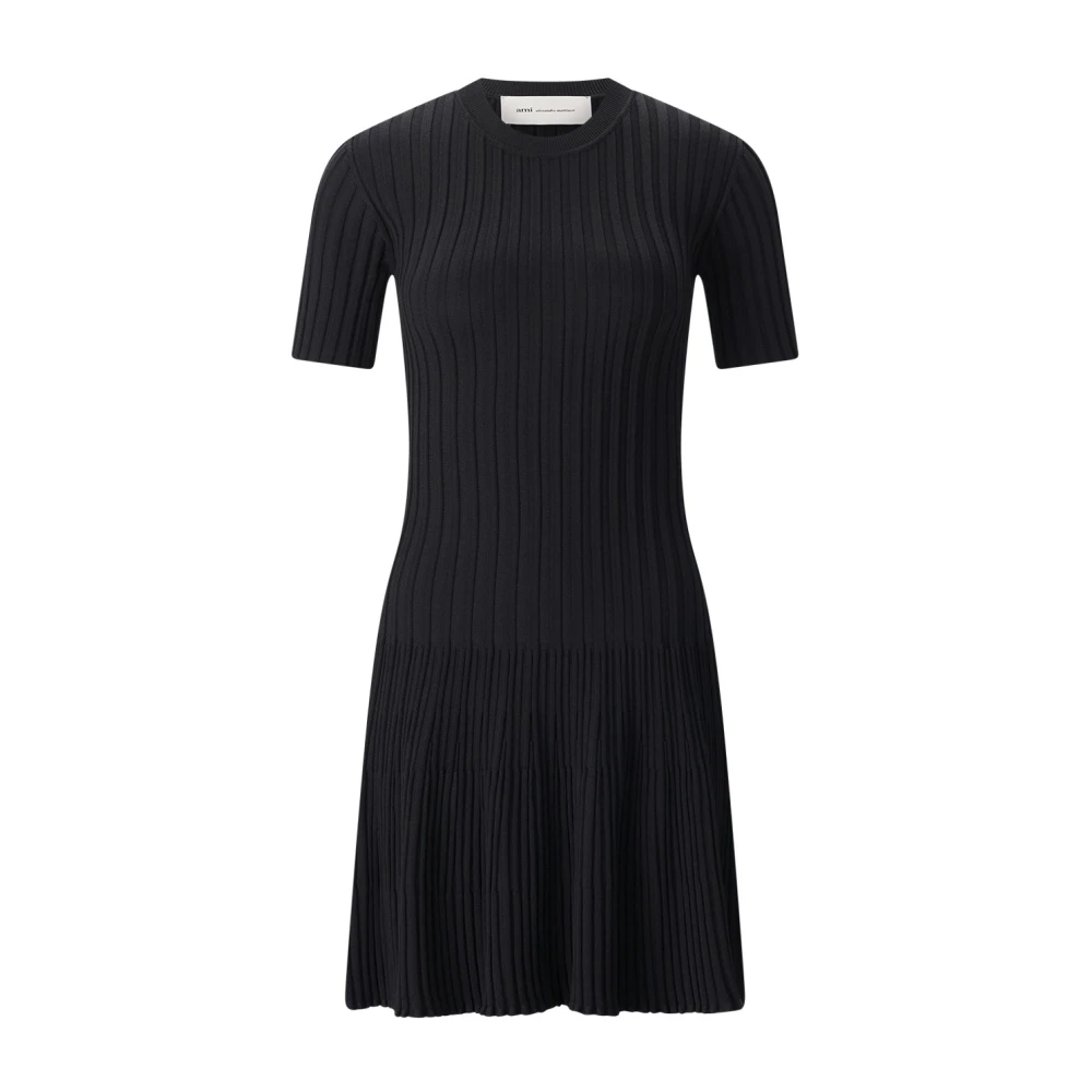 Ami Paris Women's Black Knitted Dresses, M, Ribbed Viscose Knit Dress