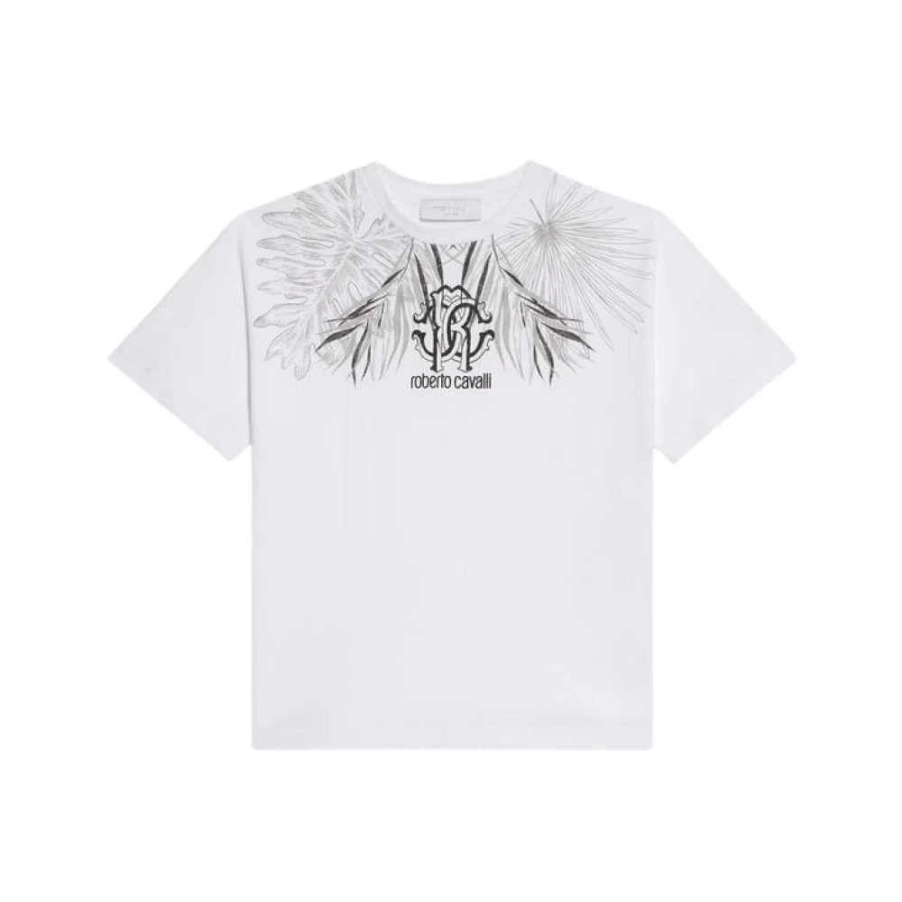 Roberto Cavalli , Kids Short Sleeve T-Shirts, Male, White, 4 Y, Jungle Print T-Shirt With Monogram