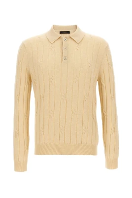 Beige Kabelstickad Polotröja