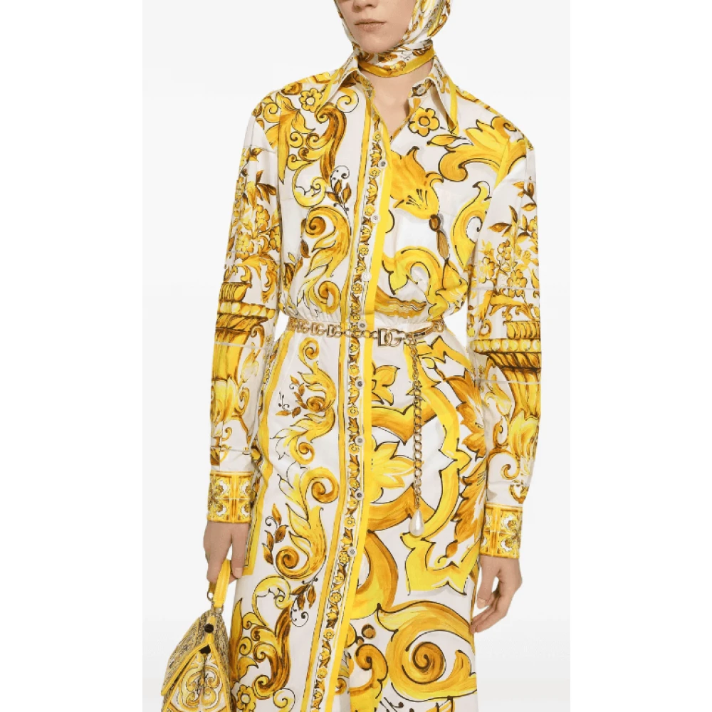 Dolce & Gabbana Majolica Print Katoenen Overhemdjurk Yellow Dames