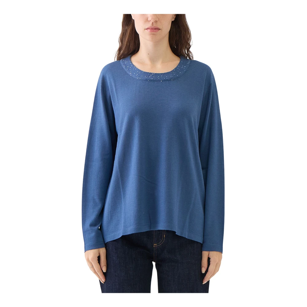 Le Tricot Perugia Wollen Paillet Ronde Hals Trui Blue Dames