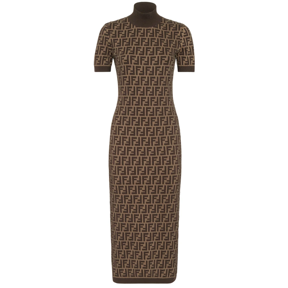 Fendi Bruine Jacquard Katoen Gebreide Midi Jurk Brown Dames