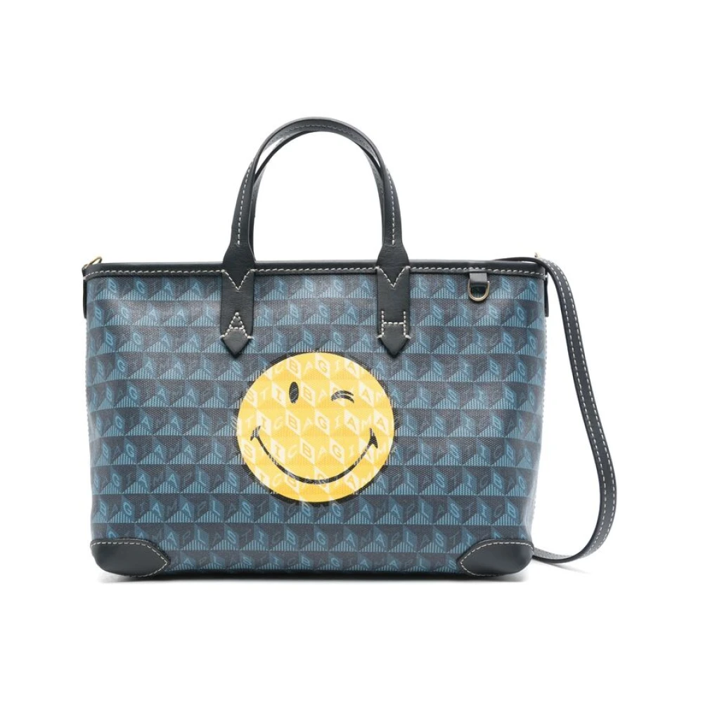 Anya Hindmarch Smiley Face Print Kunstleren Tas Blue Dames