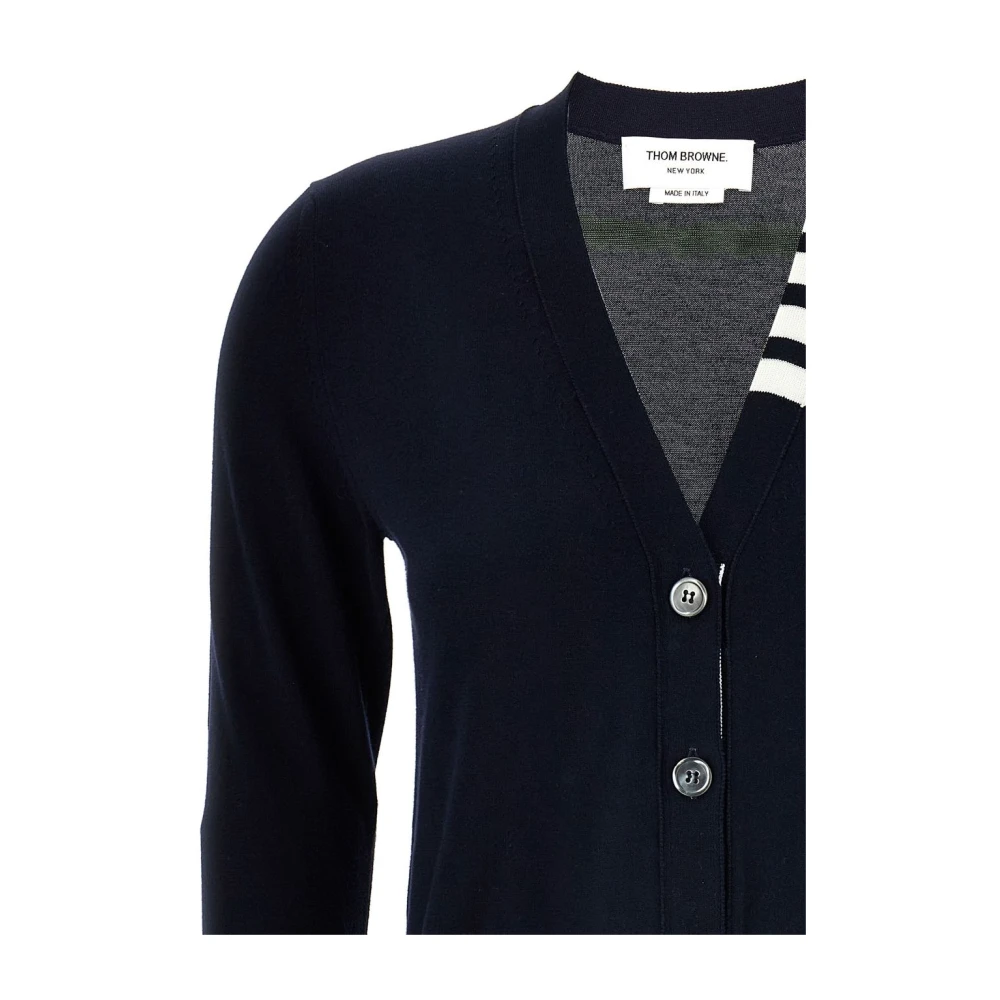 Thom Browne Blauwe V-hals trui met kenmerkende strepen Blue Dames