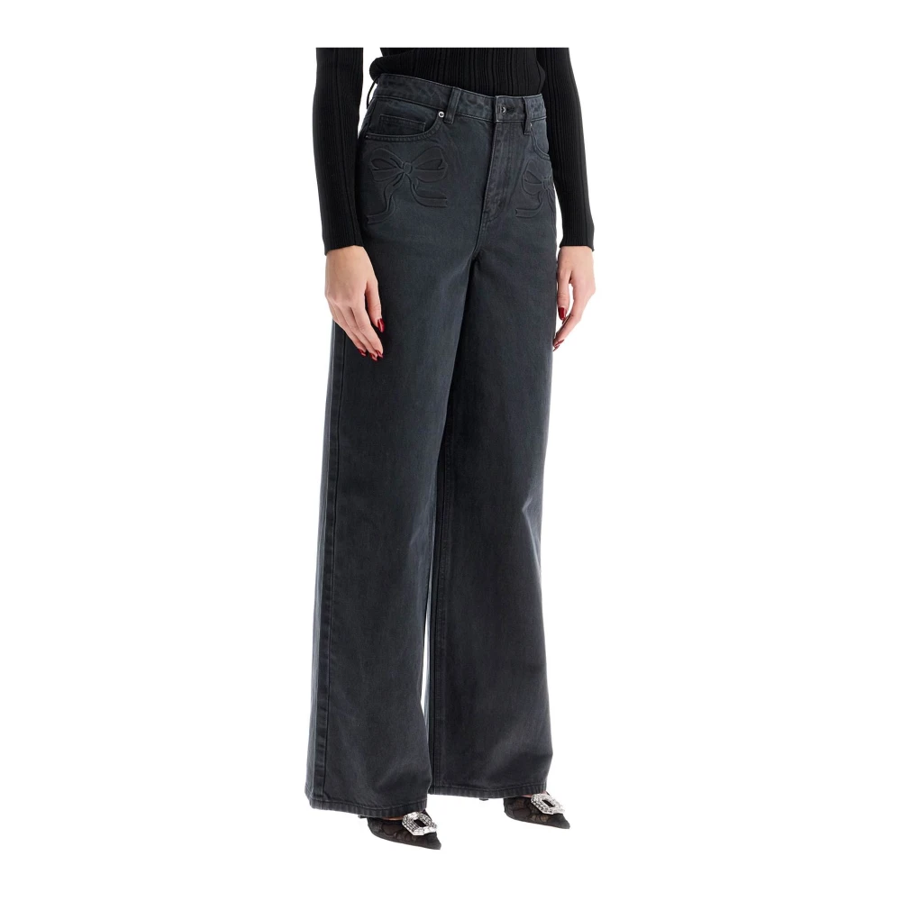 Self Portrait Strik Print Straight Leg Jeans Black Dames