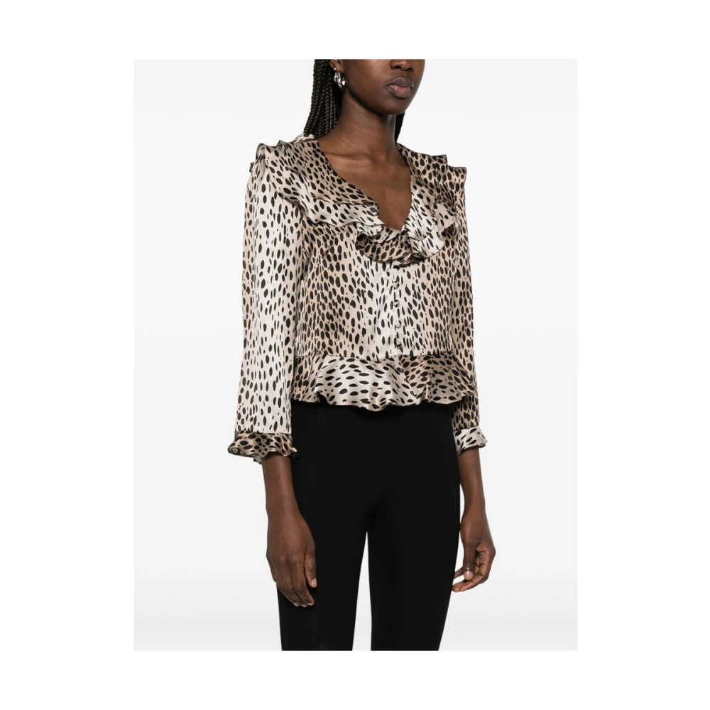 Rixo Animalier Bruin Ruche Kraag Blouse Brown Dames