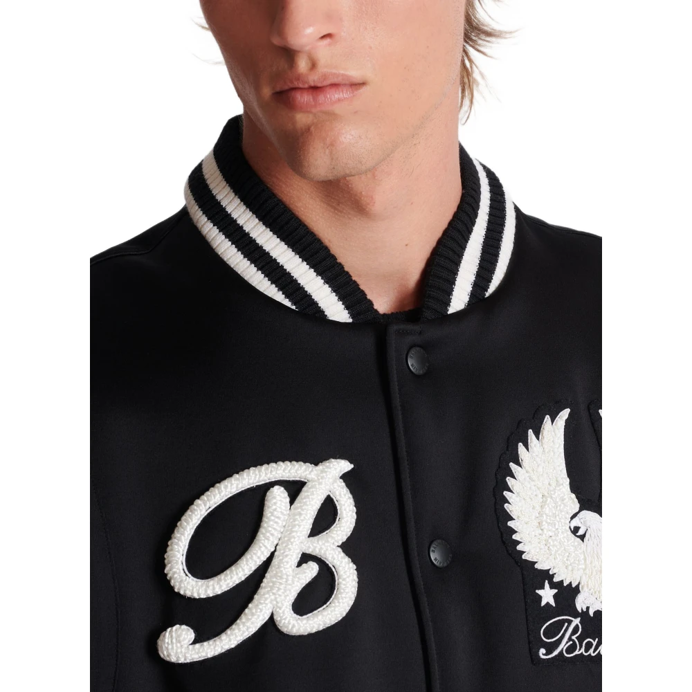 Balmain Satijnen Varsity Jas met Geborduurde Badges Black Heren