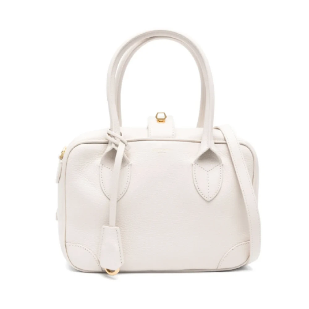 Beige läder tote väska med dragkedja