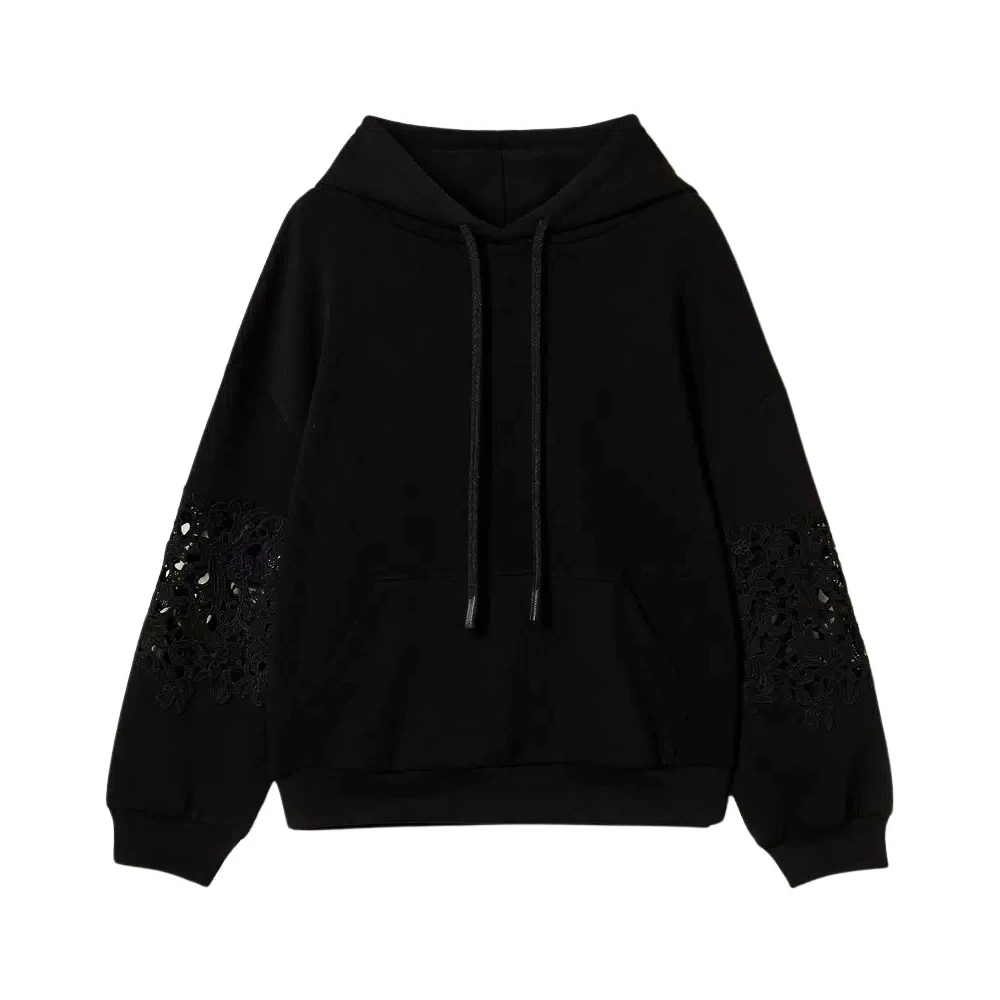 Twinset Hoodie met Macramé Detail Black Dames