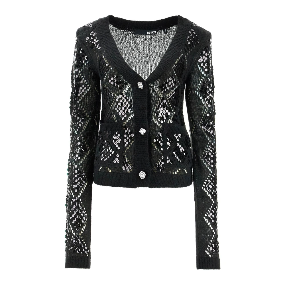 Rotate Birger Christensen Geperforeerde Diamant Cardigan met Pailletten Black Dames