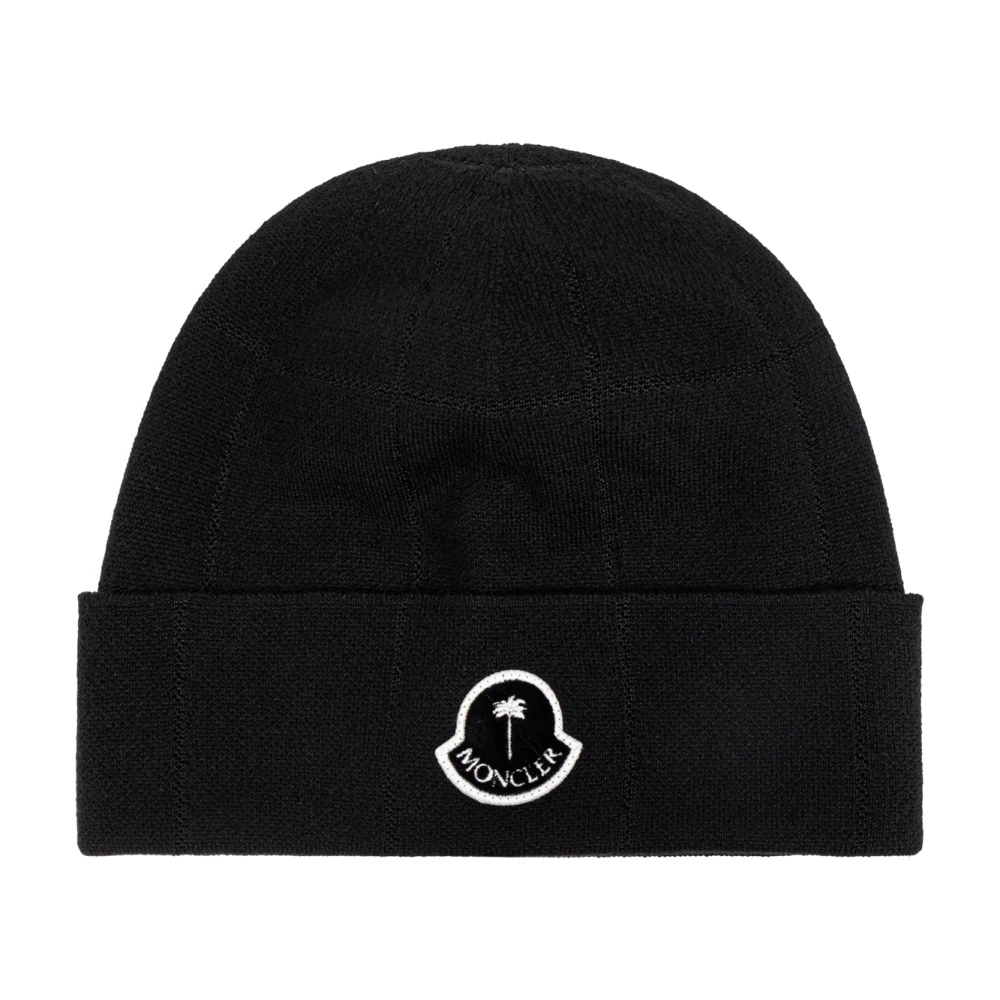 Moncler Geruite Gebreide Logo Beanie Hoed Black Unisex