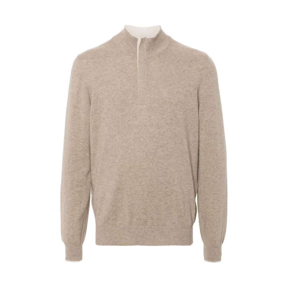 La Fileria Fijngebreide Sweater met Mock Hals Beige Heren