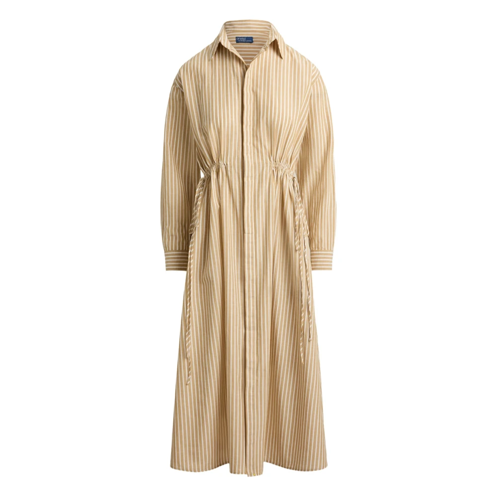 Polo Ralph Lauren Women's Beige Striped Cotton-Linen Drawcord Shirtdress