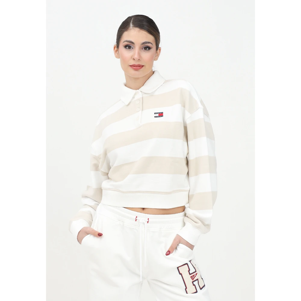 Tommy Jeans Gestreepte Rugby Polo Sweater Wit White Dames