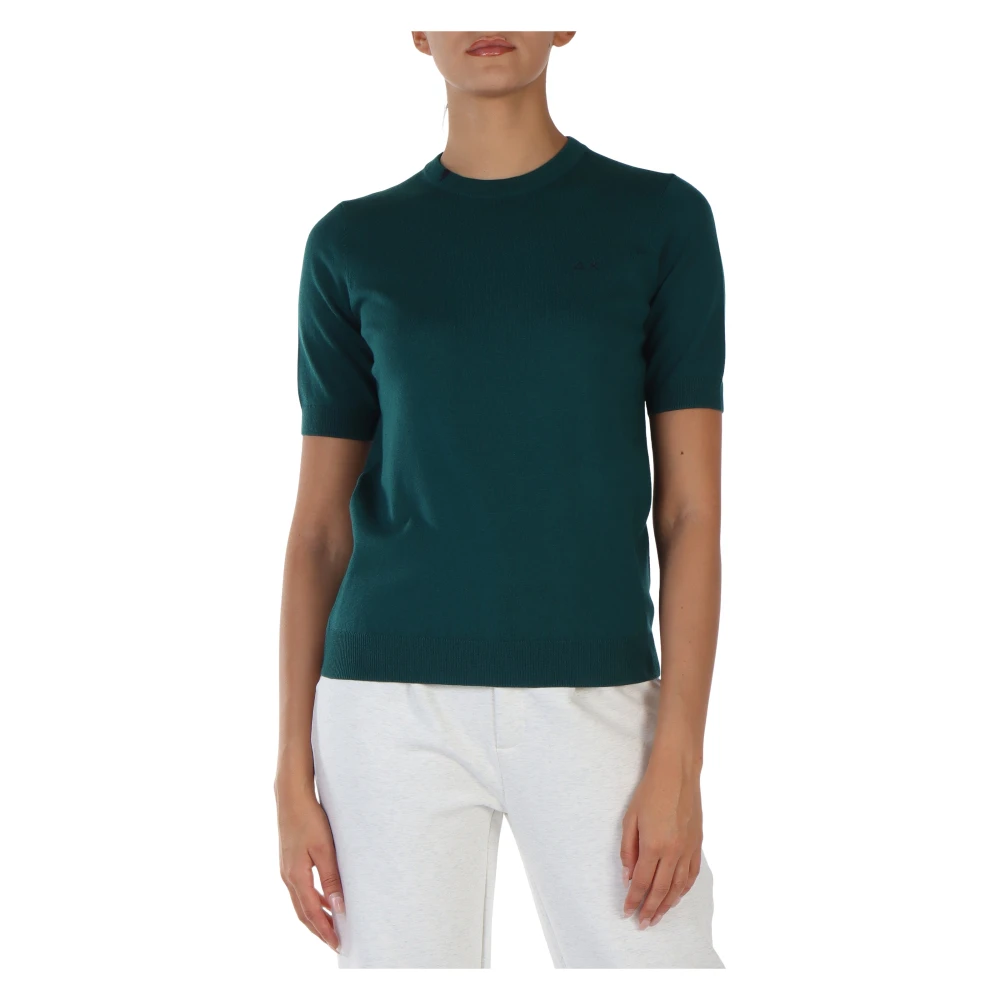 Sun68 T-shirt met korte mouwen en elastische zoom en geribbelde afwerking Green Dames