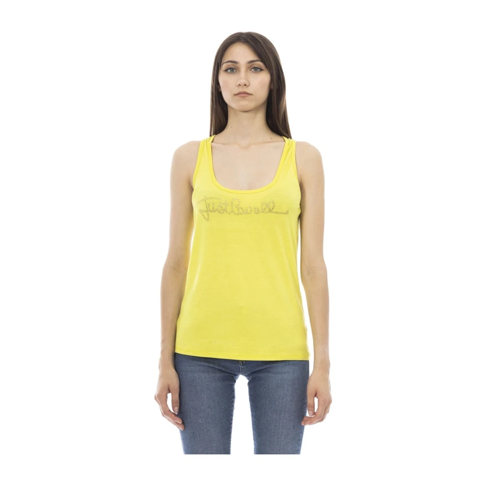 Just Cavalli Mouwloze tanktop voor dames met strass logo Yellow Dames
