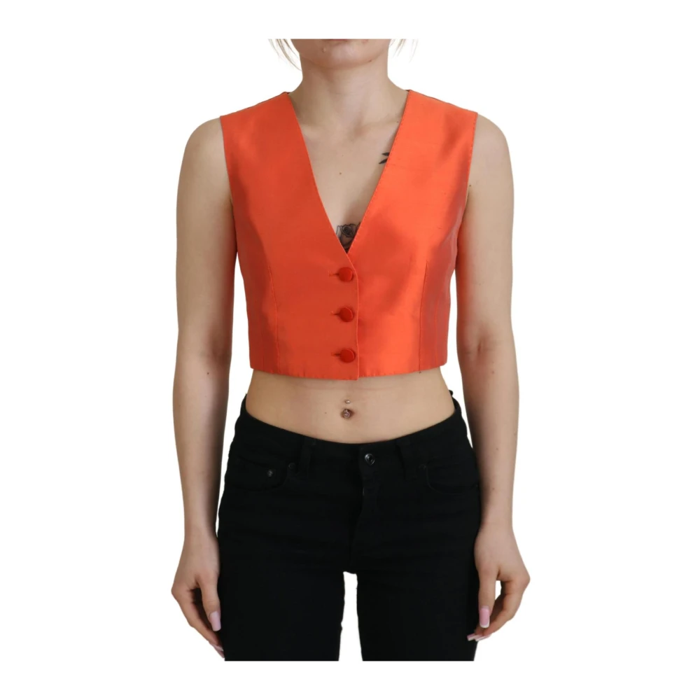 Dolce & Gabbana Women's Orange Waistcoats, S, Silk Logo Button Waistcoat