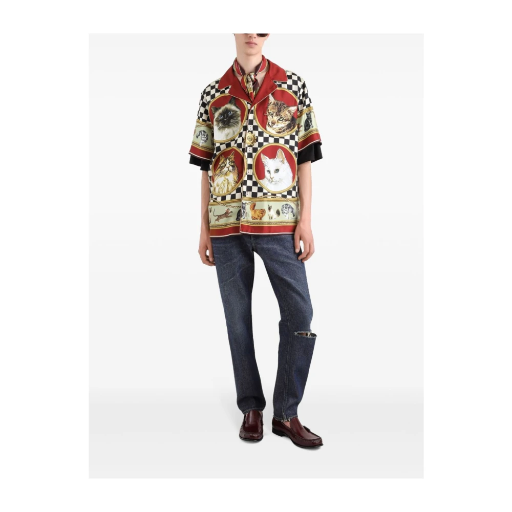 Dolce & Gabbana Multicolor zijden kattenprint bowling shirt Multicolor Heren
