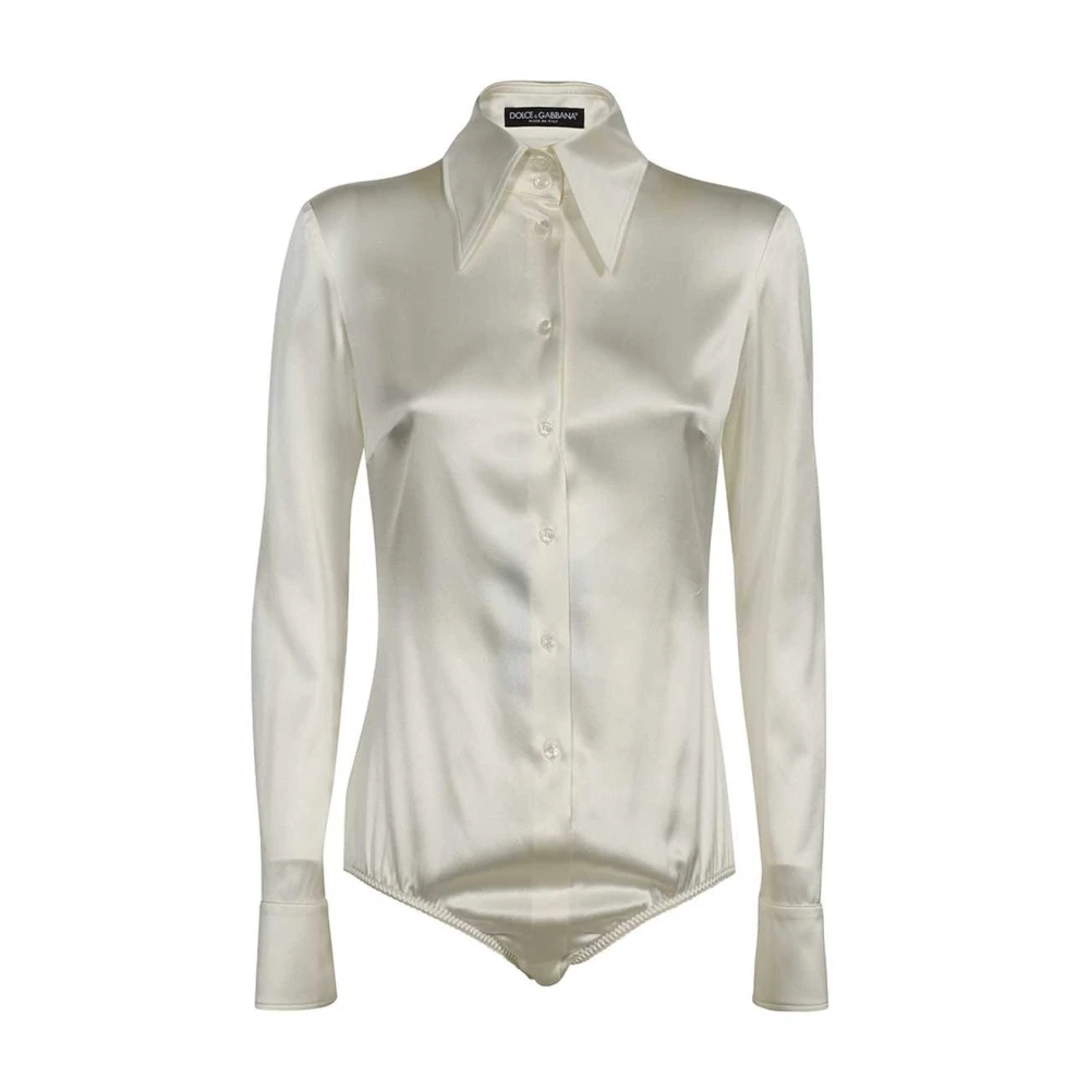 Dolce & Gabbana Women's Beige Silk Bodysuit Shirt With Long Sleeves