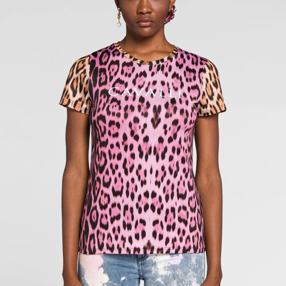 Roberto Cavalli Tweekleurig luipaardprint logo T-shirt Multicolor Dames