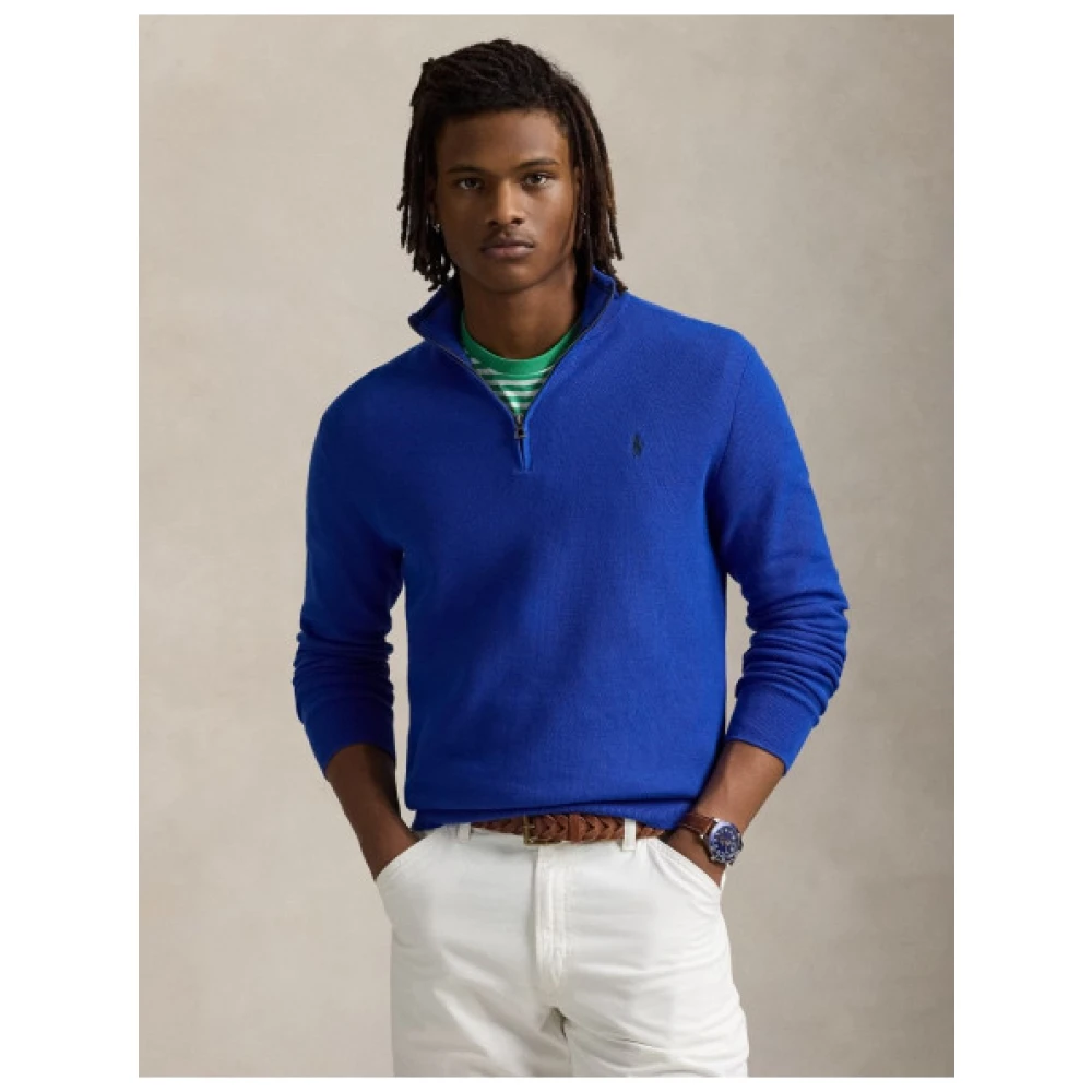 Polo Ralph Lauren Honingraat Gebreide Half-Zip Katoenen Trui Blue Heren