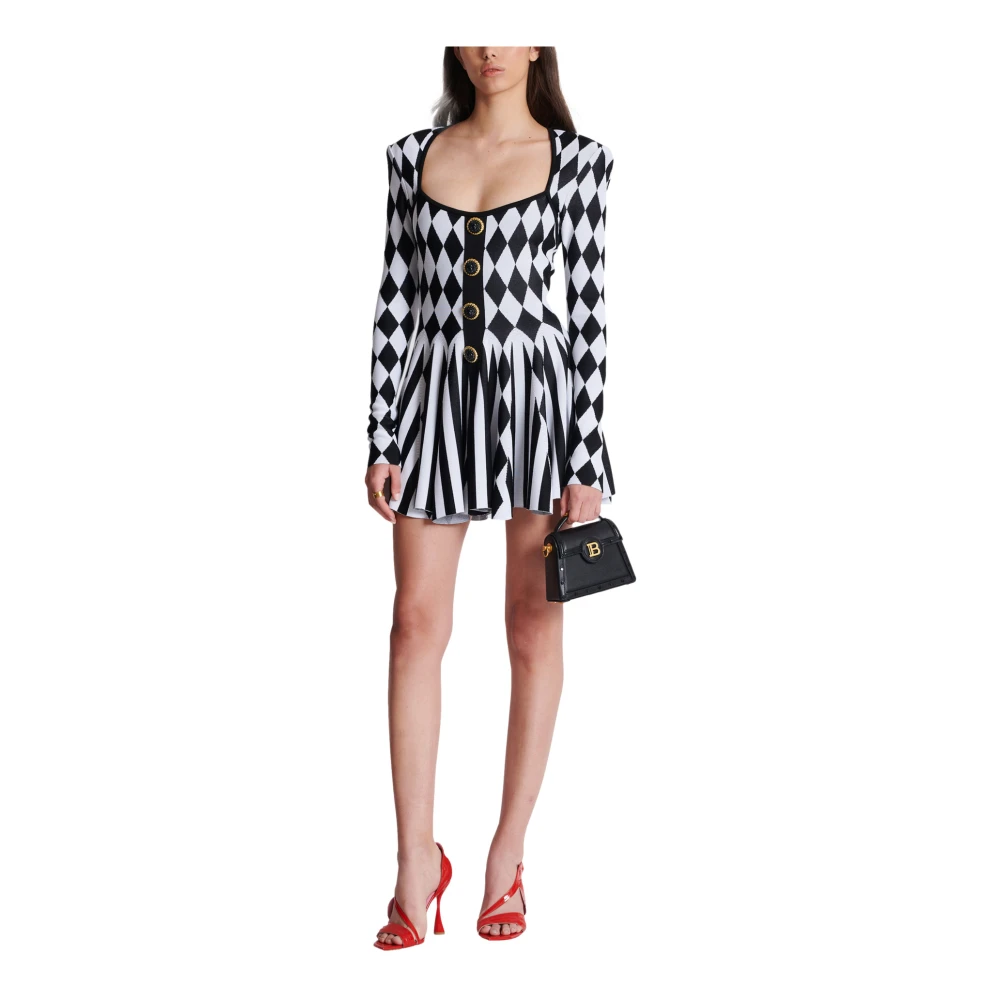 Balmain Diamond Jacquard Flared Knit Jurk Black Dames