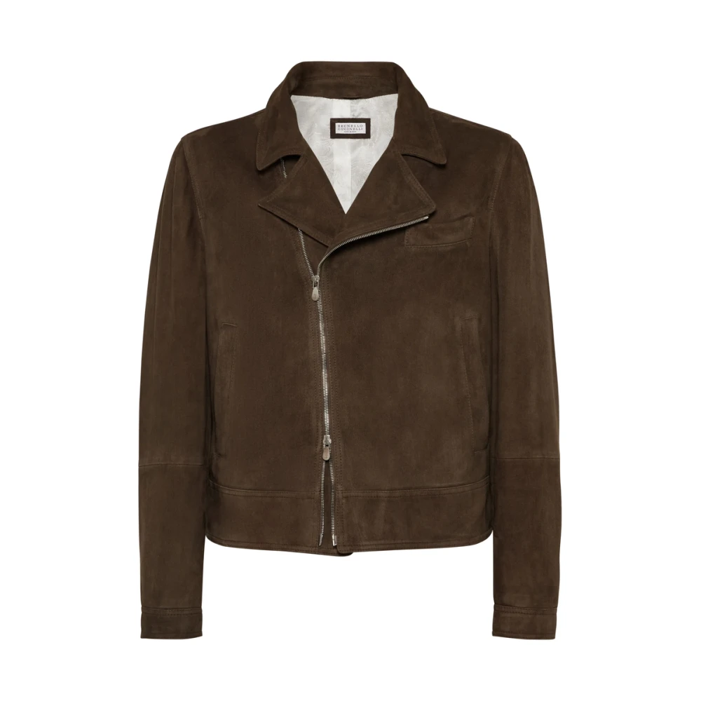BRUNELLO CUCINELLI Bruin Leren Jas Met Ritszakken Brown Heren