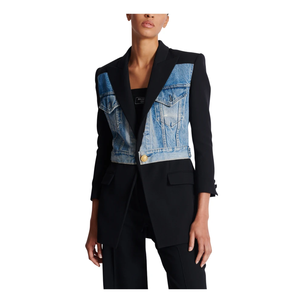 Balmain 1-knoop bi-materiaal jas Black Dames