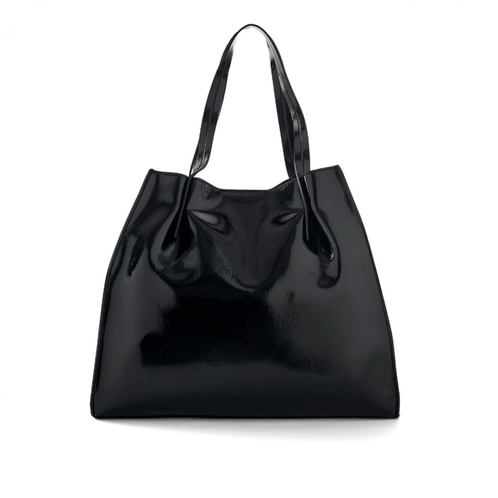 Manila Grace Glanzende Shopper Tas met Afneembare Band Black Dames