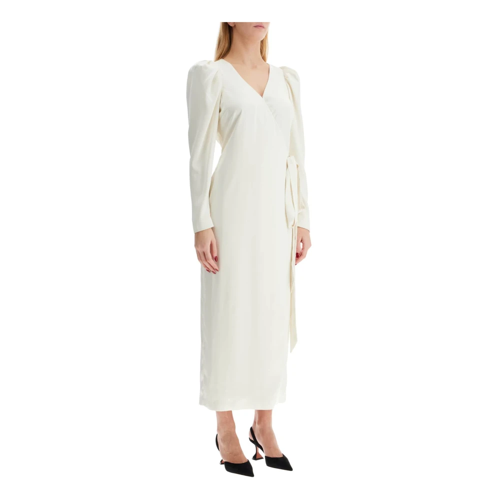 Rotate Birger Christensen Satijnen Midi Wikkeljurk met Pofmouwen White Dames