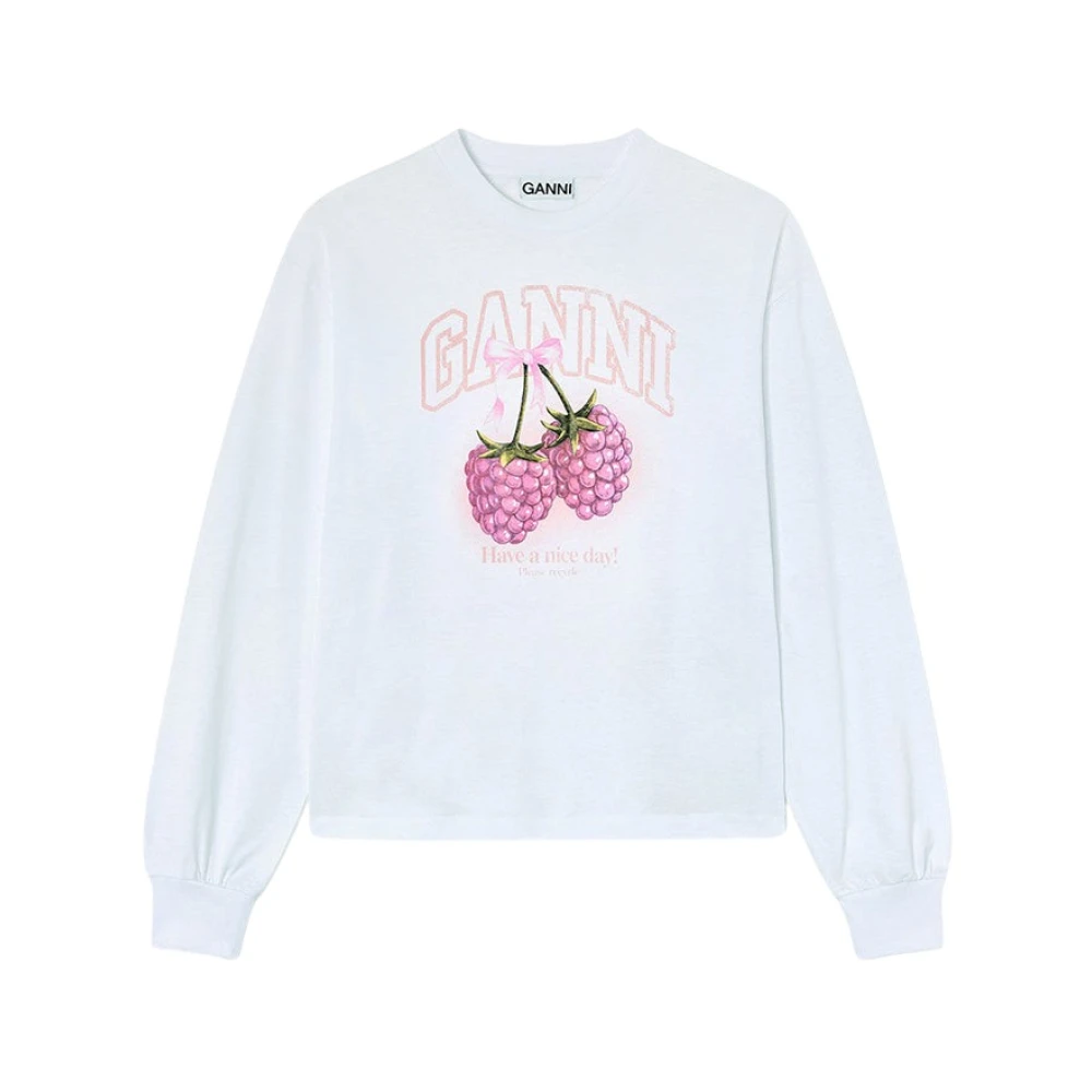 Ganni , Long Sleeve T-Shirts, Female, White, L, Long-Sleeve T-Shirt With Raspberries