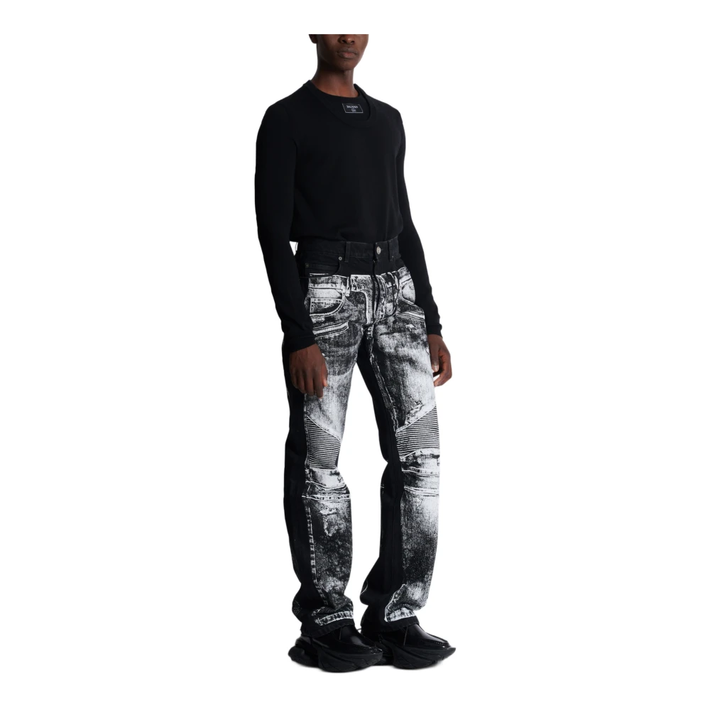 Balmain Wijde denim jeans met een biker-print Black Heren